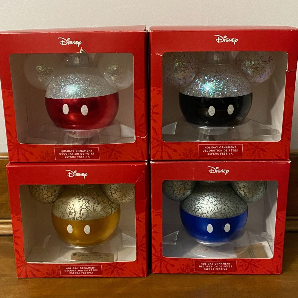Hallmark Bundle of 4 Mickey Mouse Glass Ornaments, IOB, Red, Black, Gold, Blue